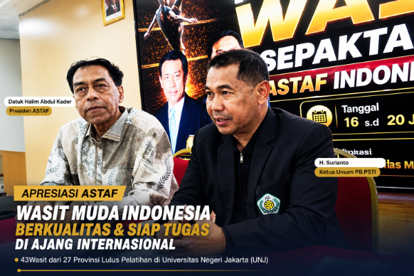 Ketua Umum PB PSTI H. Surianto dan Presiden ASTAF sekaligus Sekretaris Jenderal ISTAF, Datuk Abdul Halim Kader, memberikan apresiasi terhadap kualitas wasit muda Indonesia dalam penutupan Pelatihan Wasit ASTAF di Universitas Negeri Jakarta (UNJ), Jakarta Timur, Minggu (19/7/2026).