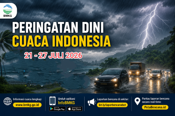BMKG memprakirakan potensi hujan Indonesia pada 21–27 Juli 2026. Sejumlah wilayah berpotensi mengalami hujan sedang hingga lebat dan angin kencang, sementara masyarakat juga diminta mewaspadai dampak musim kemarau dan kondisi udara yang lebih kering.(Foto hanya Ilustrasi)
