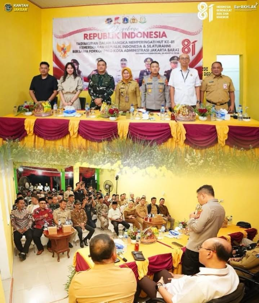 Kepala Kantor Pertanahan Kota Jakarta Barat Dr. Shinta Purwitasari bersama unsur Forkopimko Jakarta Barat dalam kegiatan tasyakuran dan silaturahmi memperingati HUT ke-81 Republik Indonesia di Meruya Utara, Kembangan, Jakarta Barat.